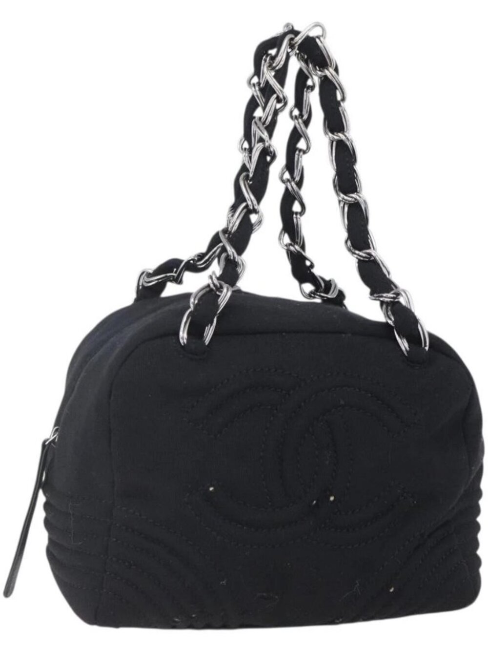 CHANEL COCO Mark Hand Bag Cotton Silver Black CC Auth 150550
